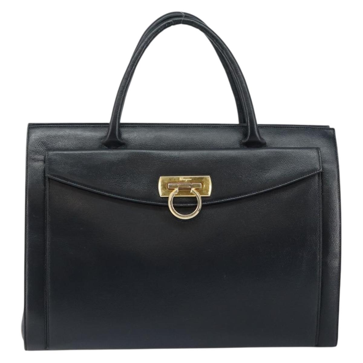 Salvatore Ferragamo Gancini Hand Bag Leather Black Gold Auth bs29837