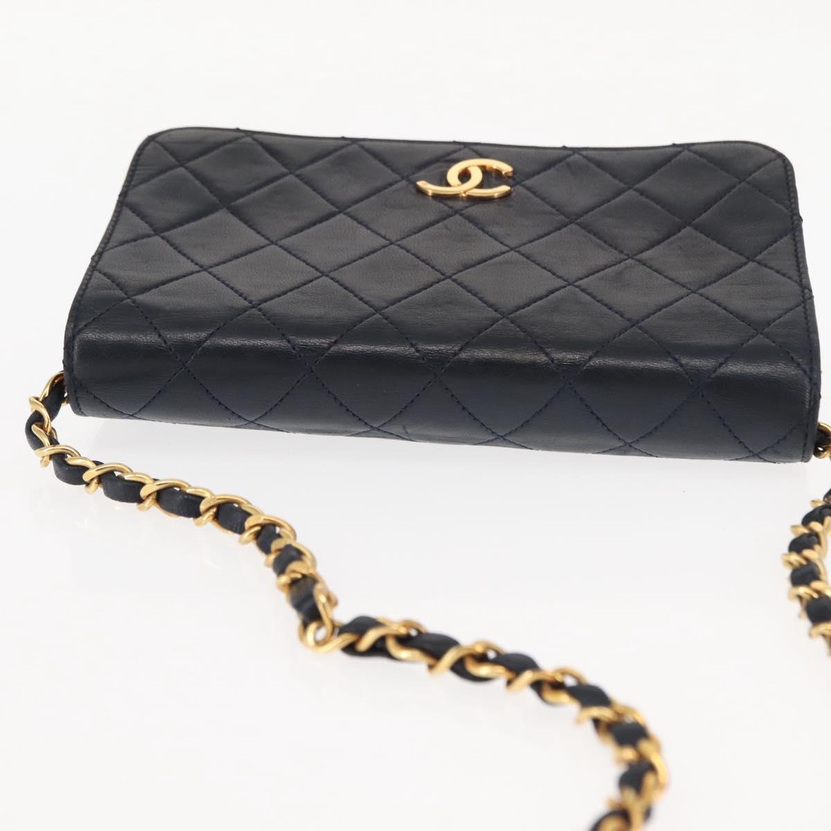 CHANEL Matelasse Chain Shoulder Bag Lamb Skin Navy Gold CC Auth bs29839