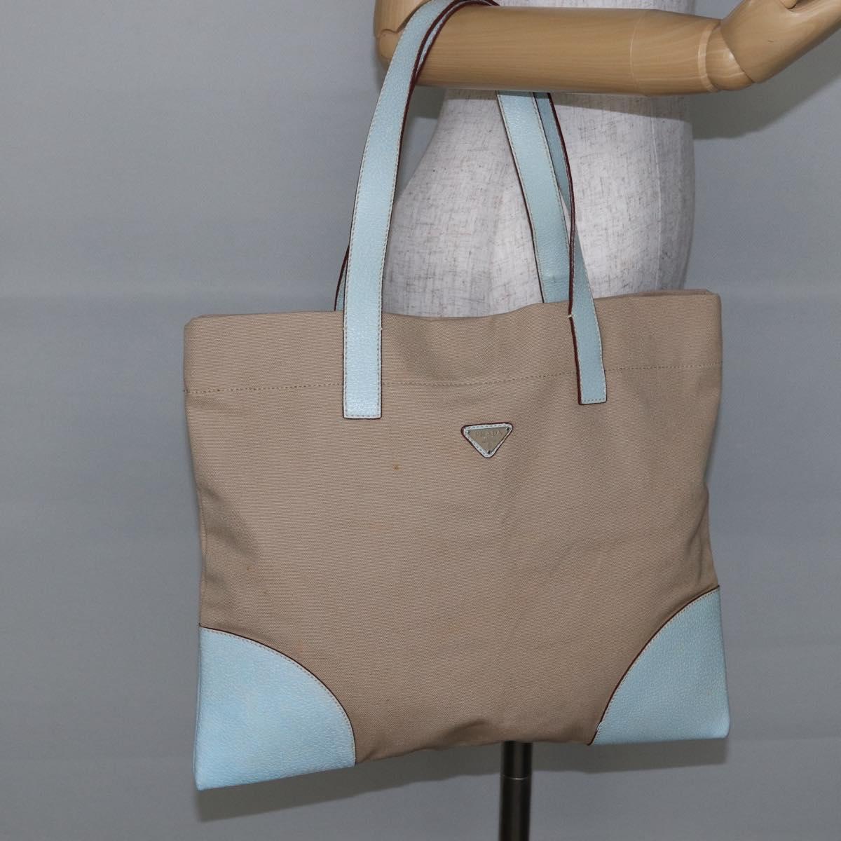 PRADA Tote Bag Canvas Leather Beige Light Blue Auth bs29840