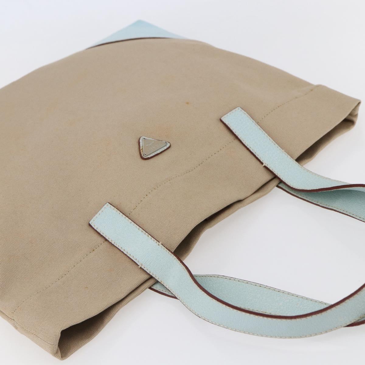 PRADA Tote Bag Canvas Leather Beige Light Blue Auth bs29840