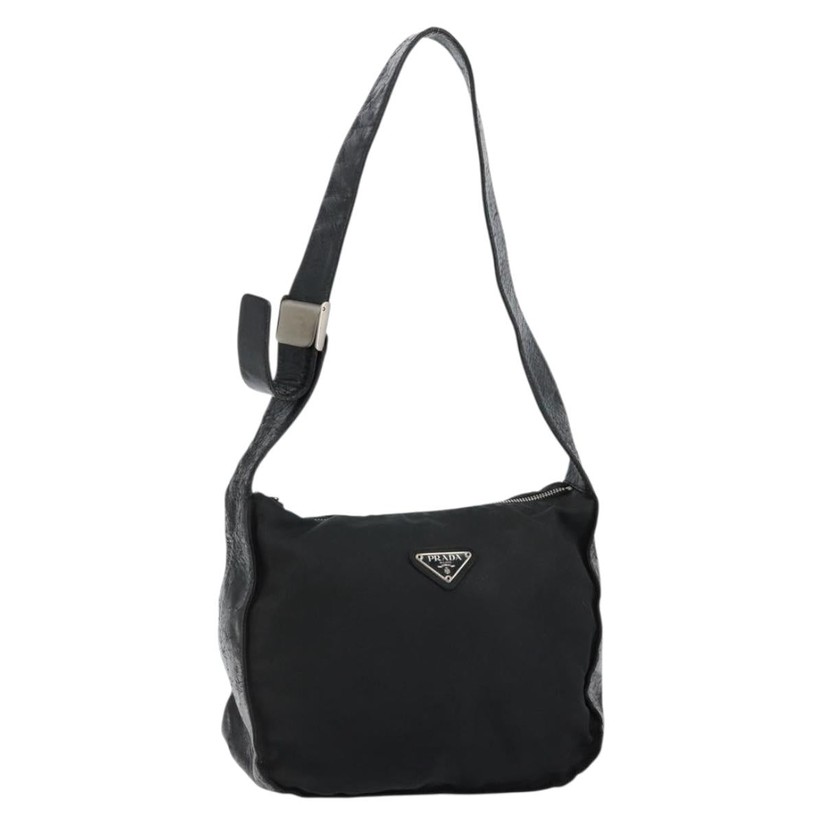 PRADA Shoulder Bag Nylon Leather Black Silver Auth bs29842