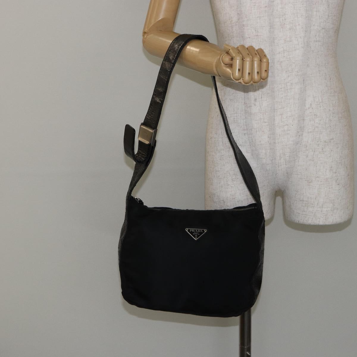 PRADA Shoulder Bag Nylon Leather Black Silver Auth bs29842
