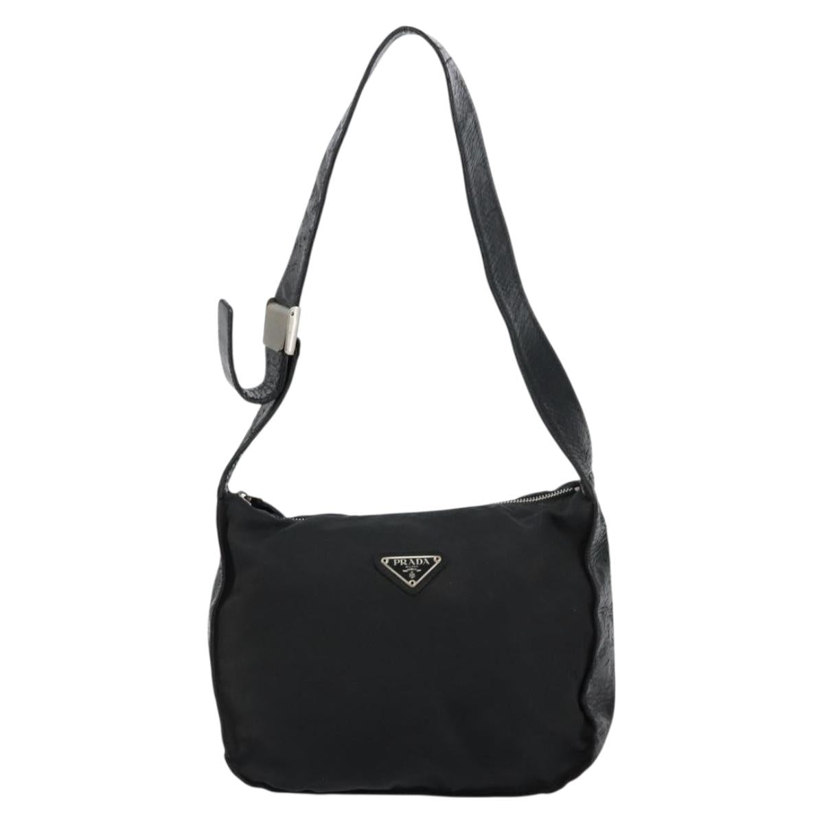PRADA Shoulder Bag Nylon Leather Black Silver Auth bs29842