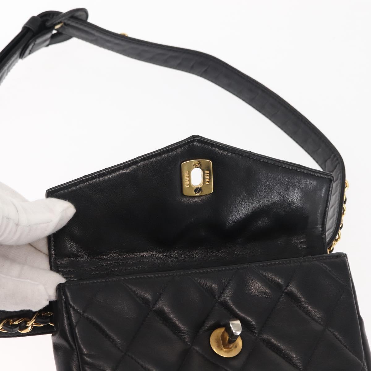 CHANEL Matelasse Waist Bag Lamb Skin Black Gold CC Auth bs29844