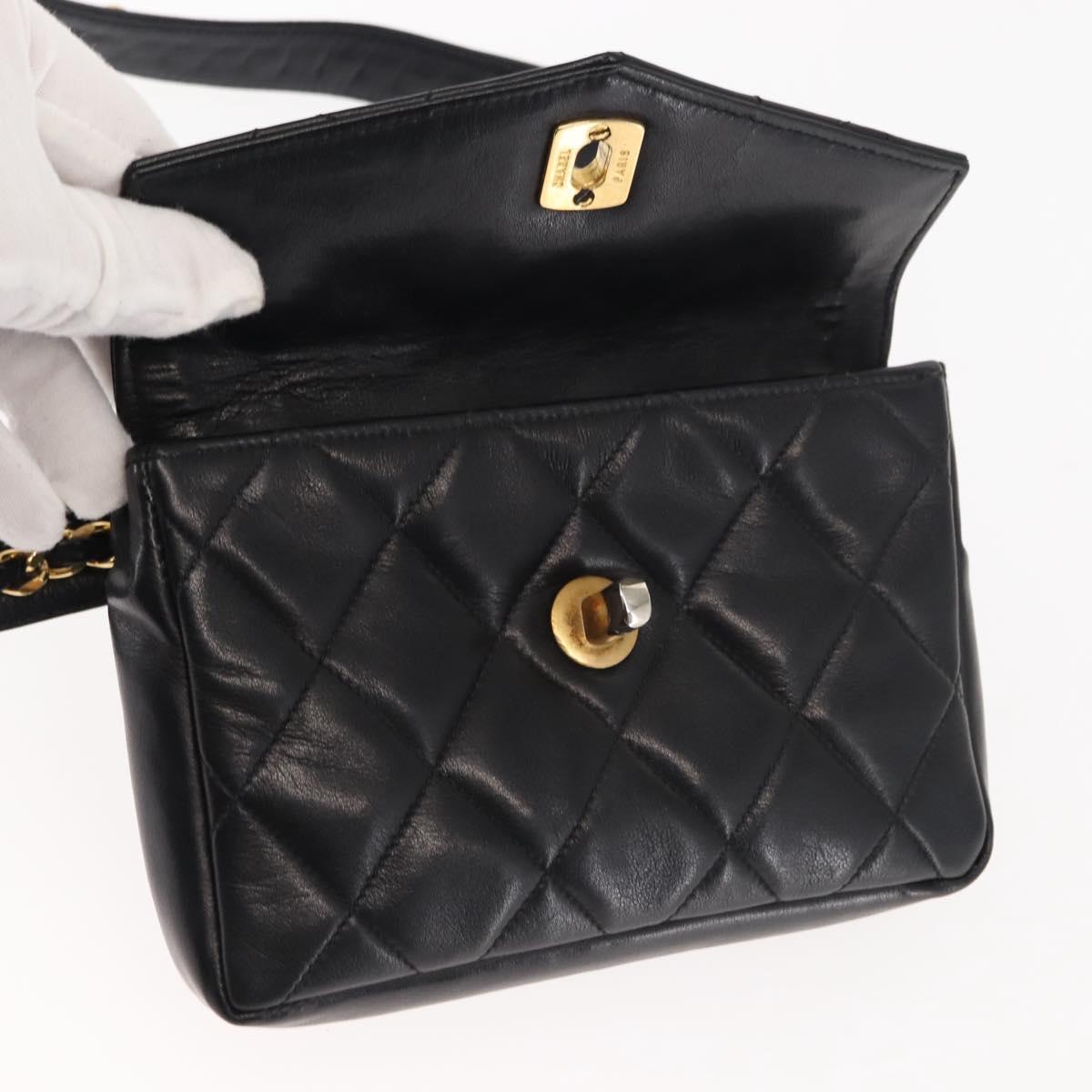 CHANEL Matelasse Waist Bag Lamb Skin Black Gold CC Auth bs29844