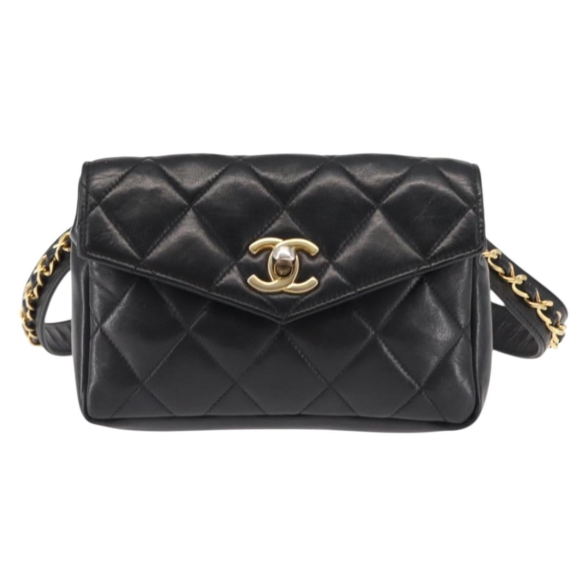 CHANEL Matelasse Waist Bag Lamb Skin Black Gold CC Auth bs29844