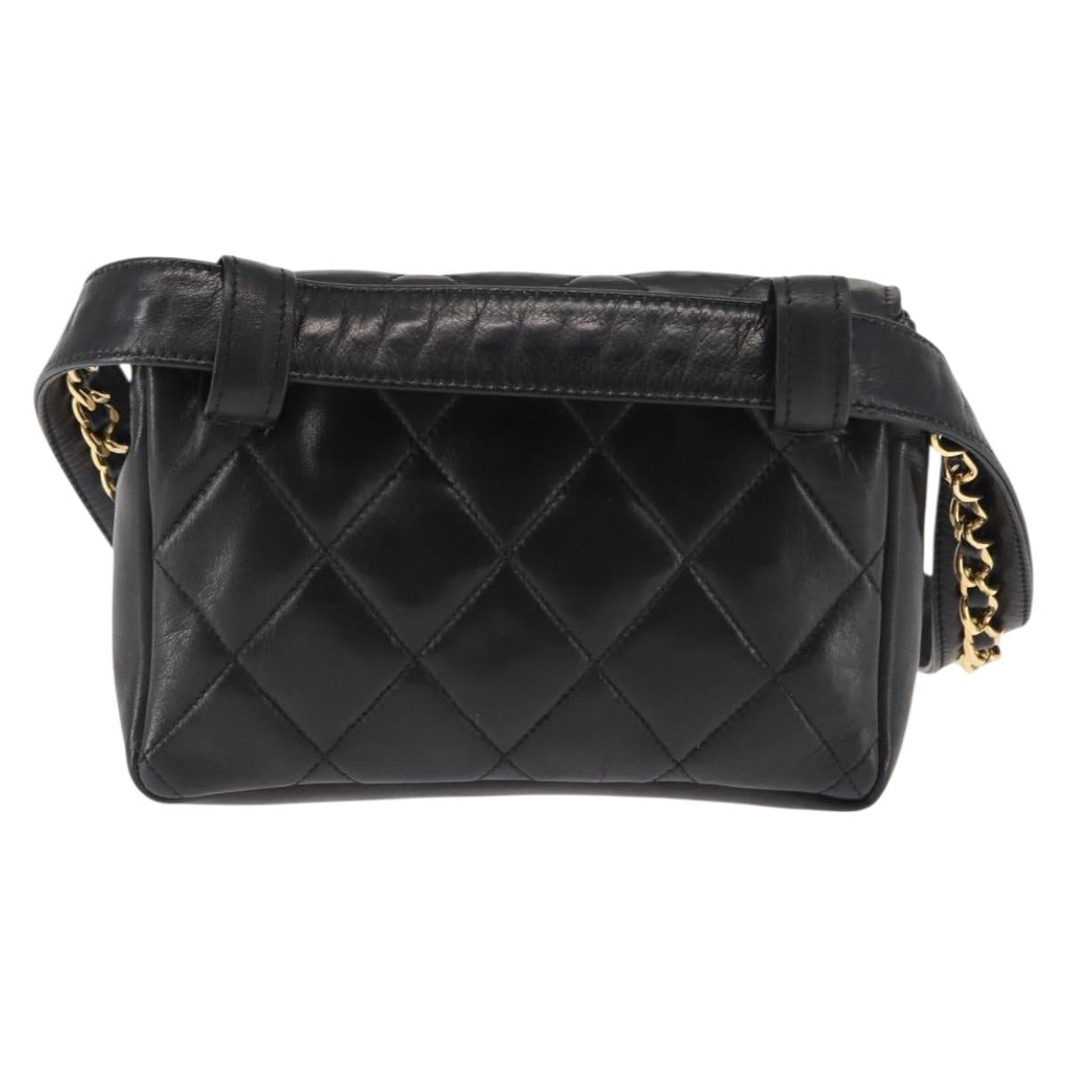 CHANEL Matelasse Waist Bag Lamb Skin Black Gold CC Auth bs29844