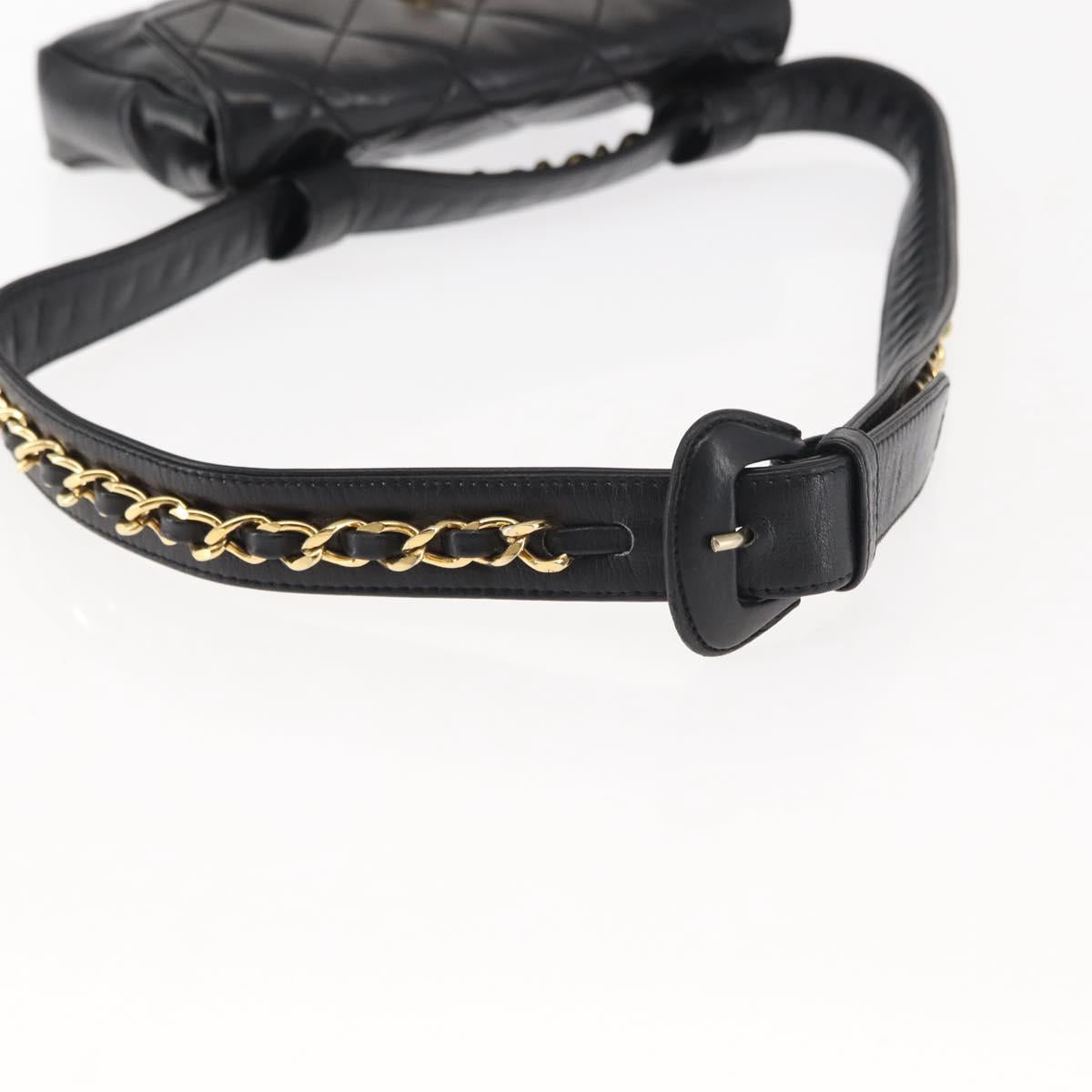 CHANEL Matelasse Waist Bag Lamb Skin Black Gold CC Auth bs29844