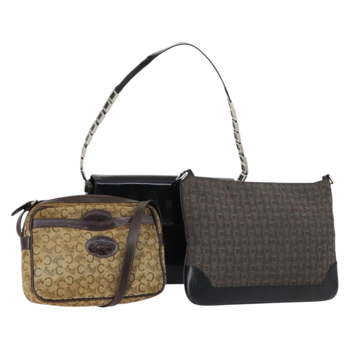 CELINE C Macadam Canvas Shoulder Bag Enamel 3Set Brown Black beige Auth bs29851
