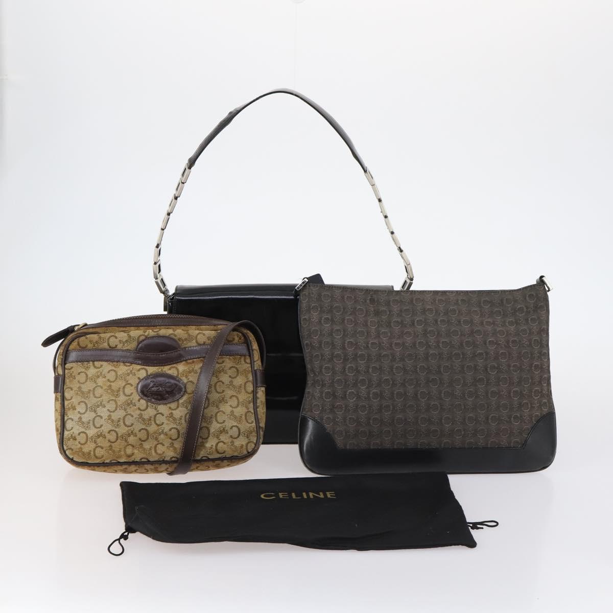 CELINE C Macadam Canvas Shoulder Bag Enamel 3Set Brown Black beige Auth bs29851