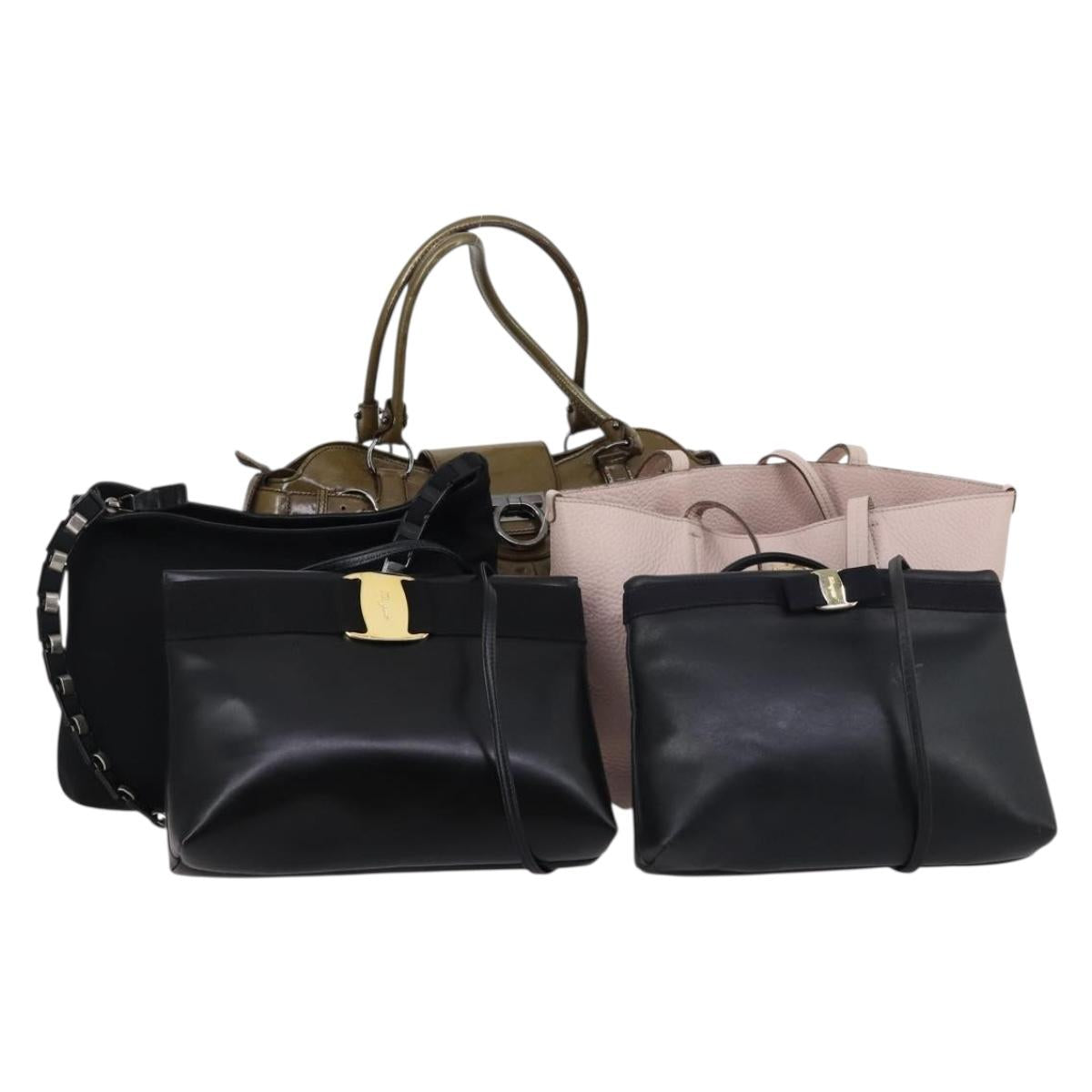 Salvatore Ferragamo Bag Enamel Leather Nylon 5Set Black Khaki pink Auth bs29853