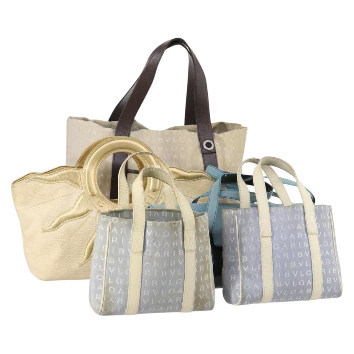 BVLGARI Hand Bag Canvas Enamel 5Set Green Beige gold Auth bs29854