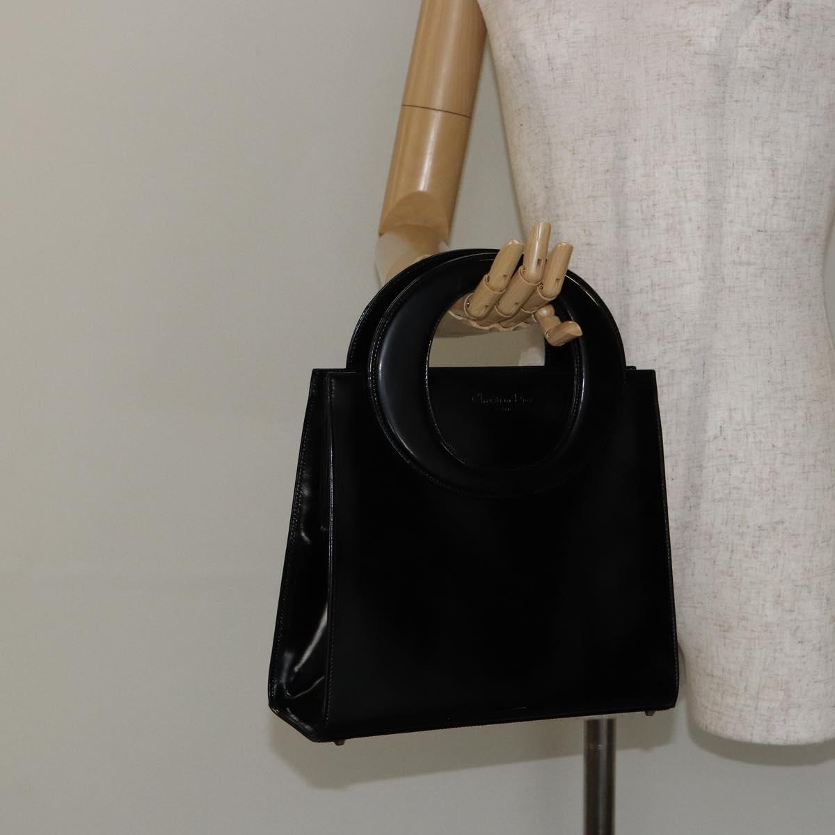 Christian Dior Oval Hand Bag Patent leather Black Gold Auth bs29855