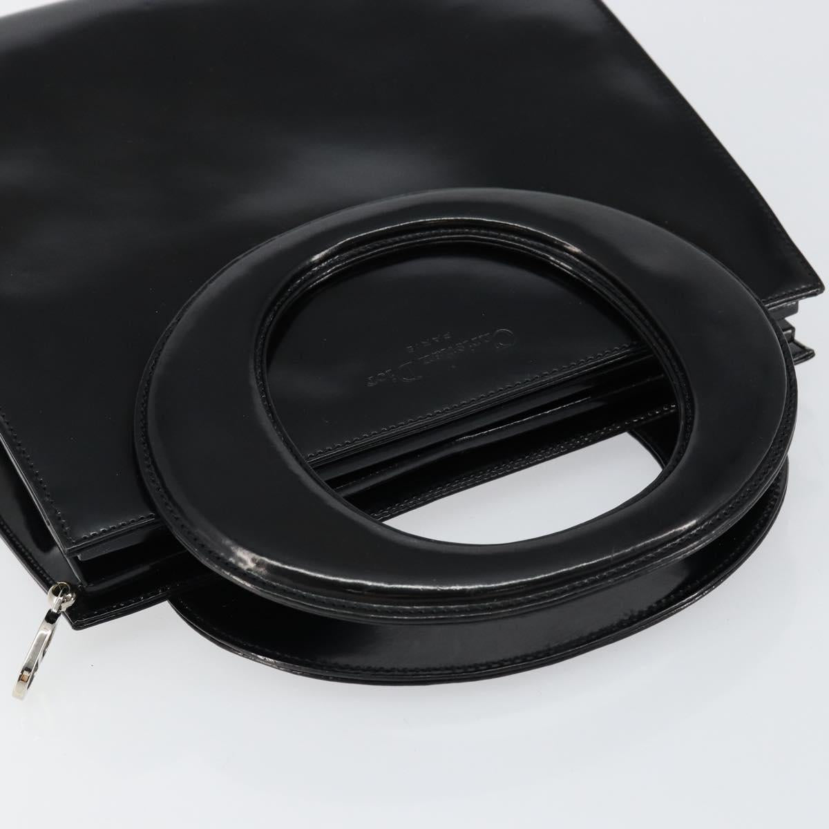 Christian Dior Oval Hand Bag Patent leather Black Gold Auth bs29855