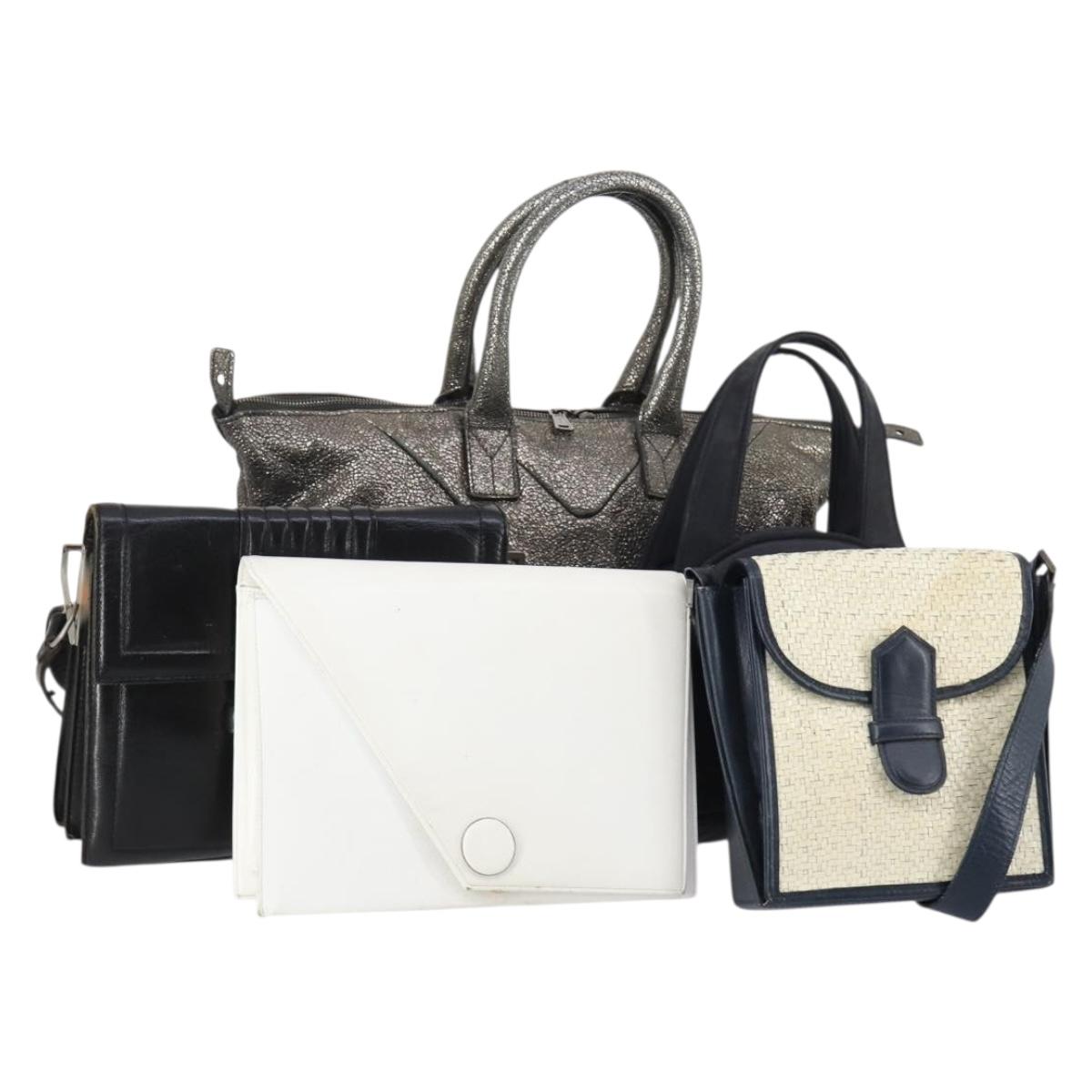 SAINT LAURENT Hand Bag Leather nylon 5Set Silver Black Ivory Auth bs29856