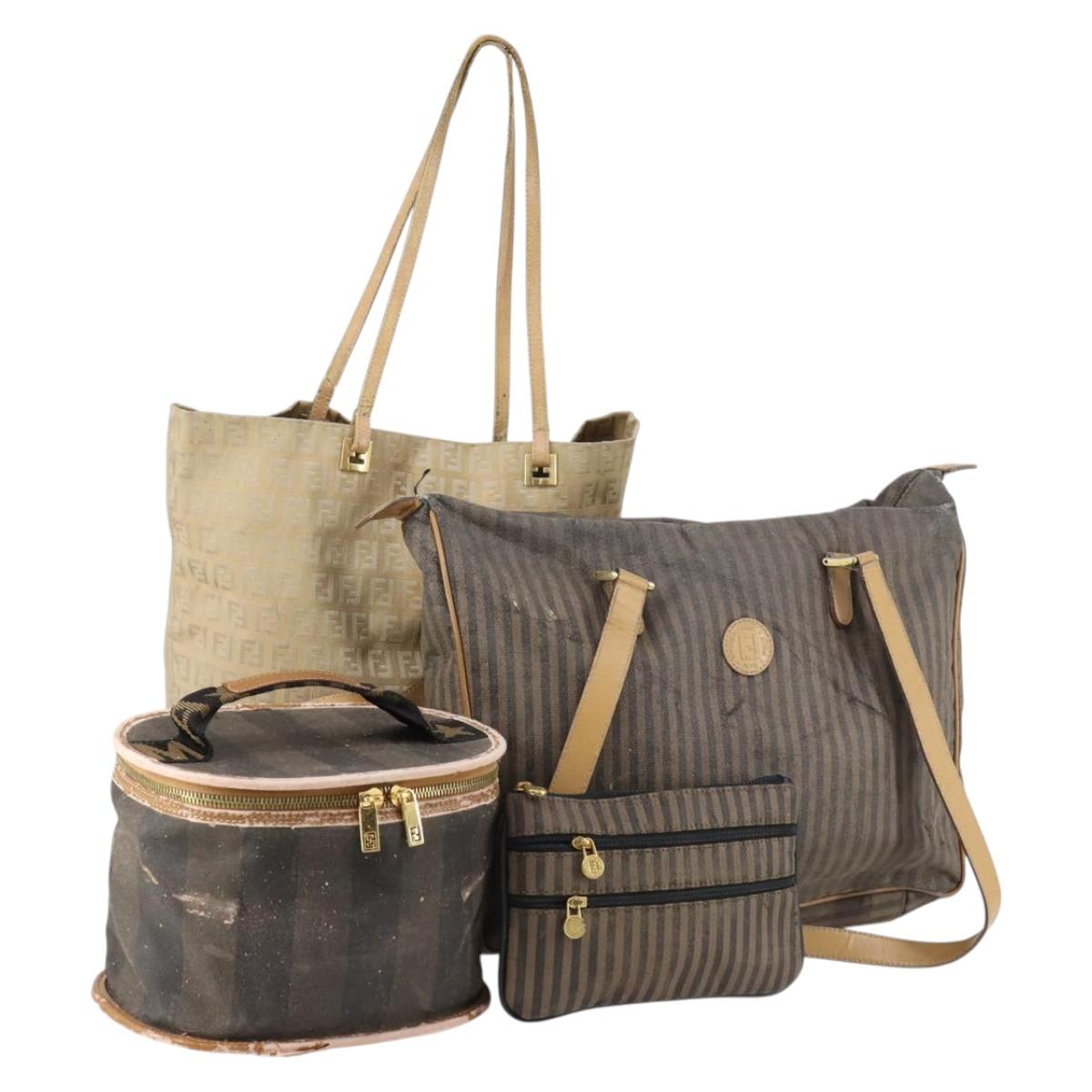 FENDI Zucchino Pecan Bag Canvas Coated Canvas 4Set Black Brown Auth bs29858