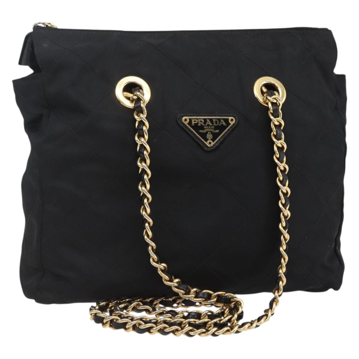 PRADA Quilted Chain Shoulder Bag Nylon Black Gold Auth bs29884