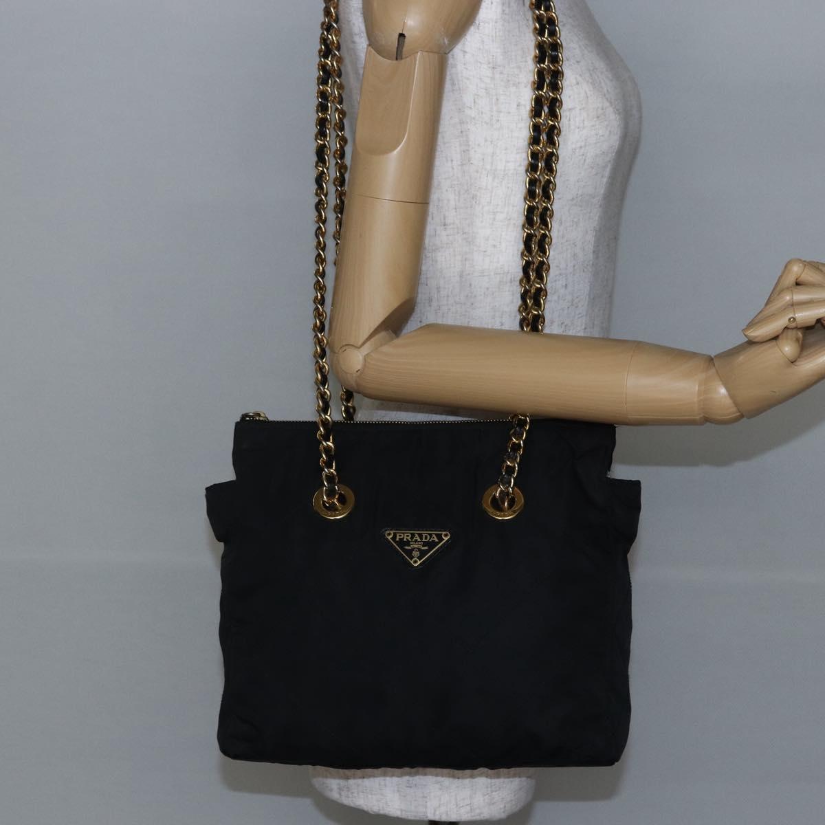 PRADA Quilted Chain Shoulder Bag Nylon Black Gold Auth bs29884