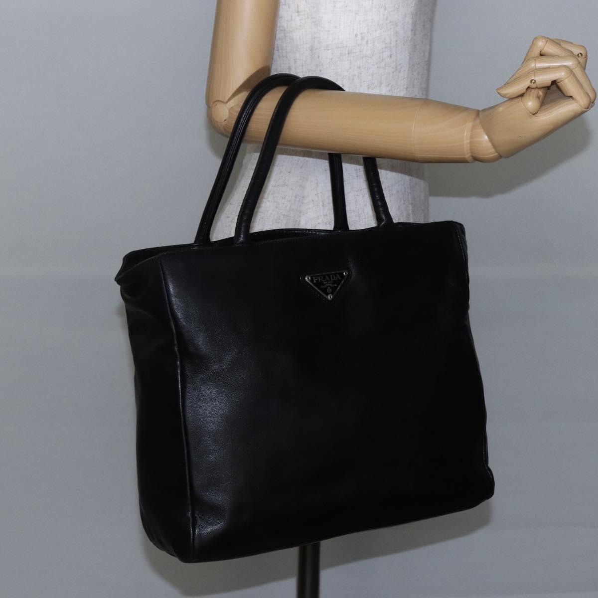PRADA Tote Bag Leather Black Silver Auth bs29887