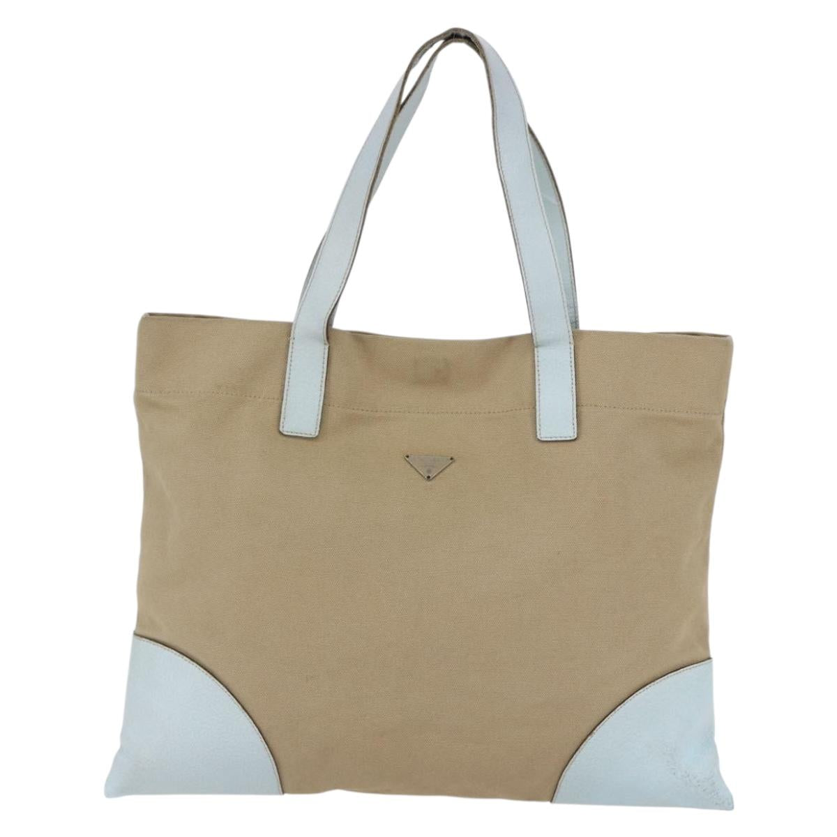 PRADA Tote Bag Canvas Beige Light Blue Auth bs29888