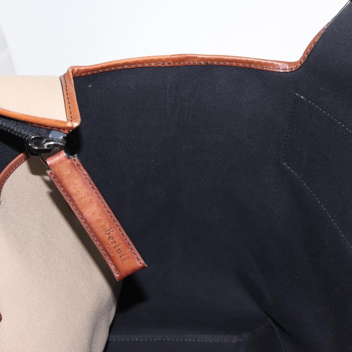 Berluti Calligraphy Tote Bag Canvas Leather Beige Silver Auth bs29891