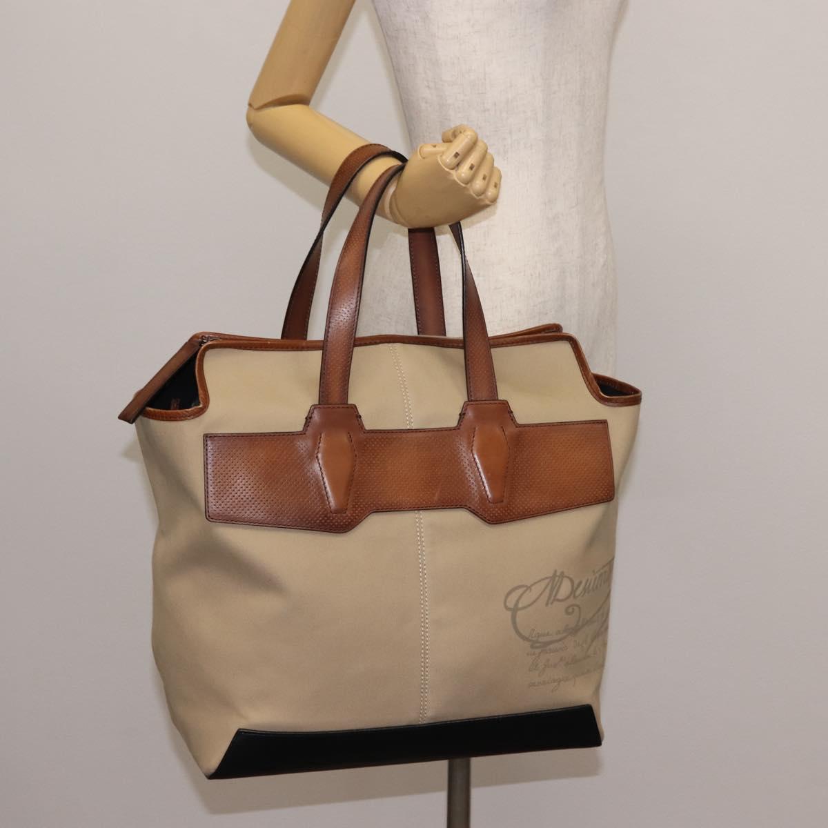 Berluti Calligraphy Tote Bag Canvas Leather Beige Silver Auth bs29891