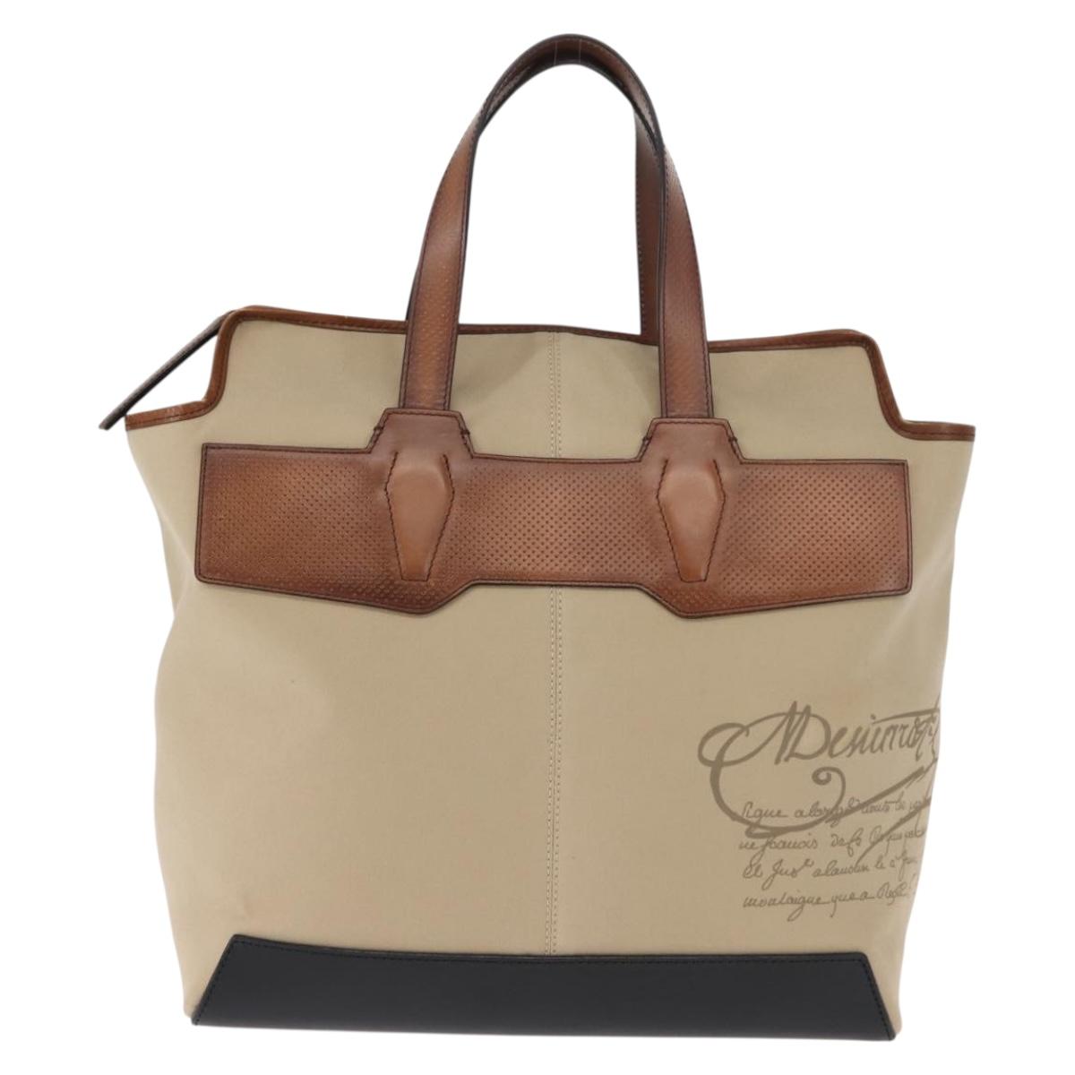 Berluti Calligraphy Tote Bag Canvas Leather Beige Silver Auth bs29891