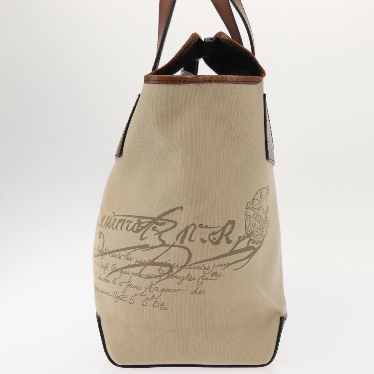 Berluti Calligraphy Tote Bag Canvas Leather Beige Silver Auth bs29891
