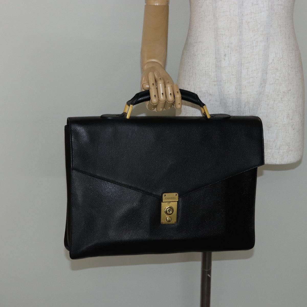 CHANEL Briefcase Caviar Skin Black Gold CC Auth bs29898