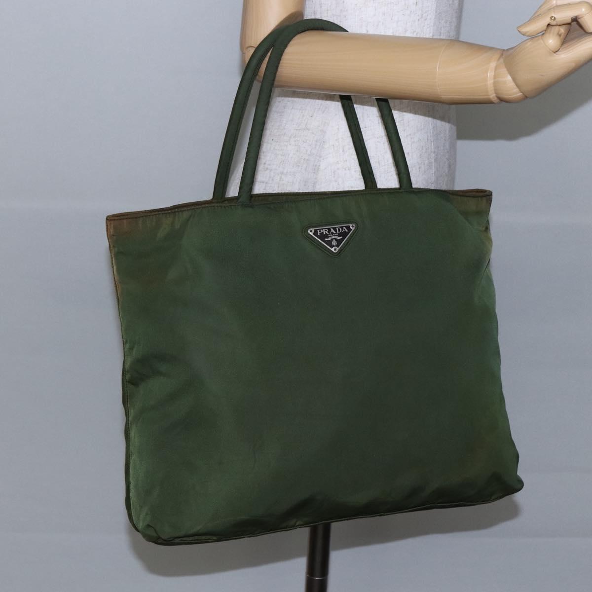 PRADA Tote Bag Nylon Khaki Silver Auth bs29922