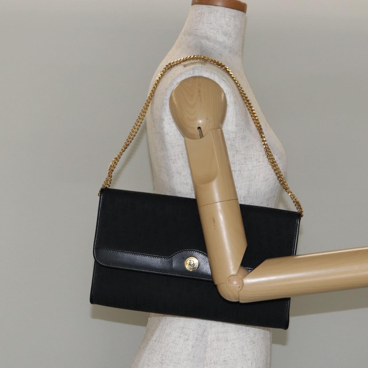 Christian Dior Trotter Canvas Chain Shoulder Bag Black Gold Auth bs29925