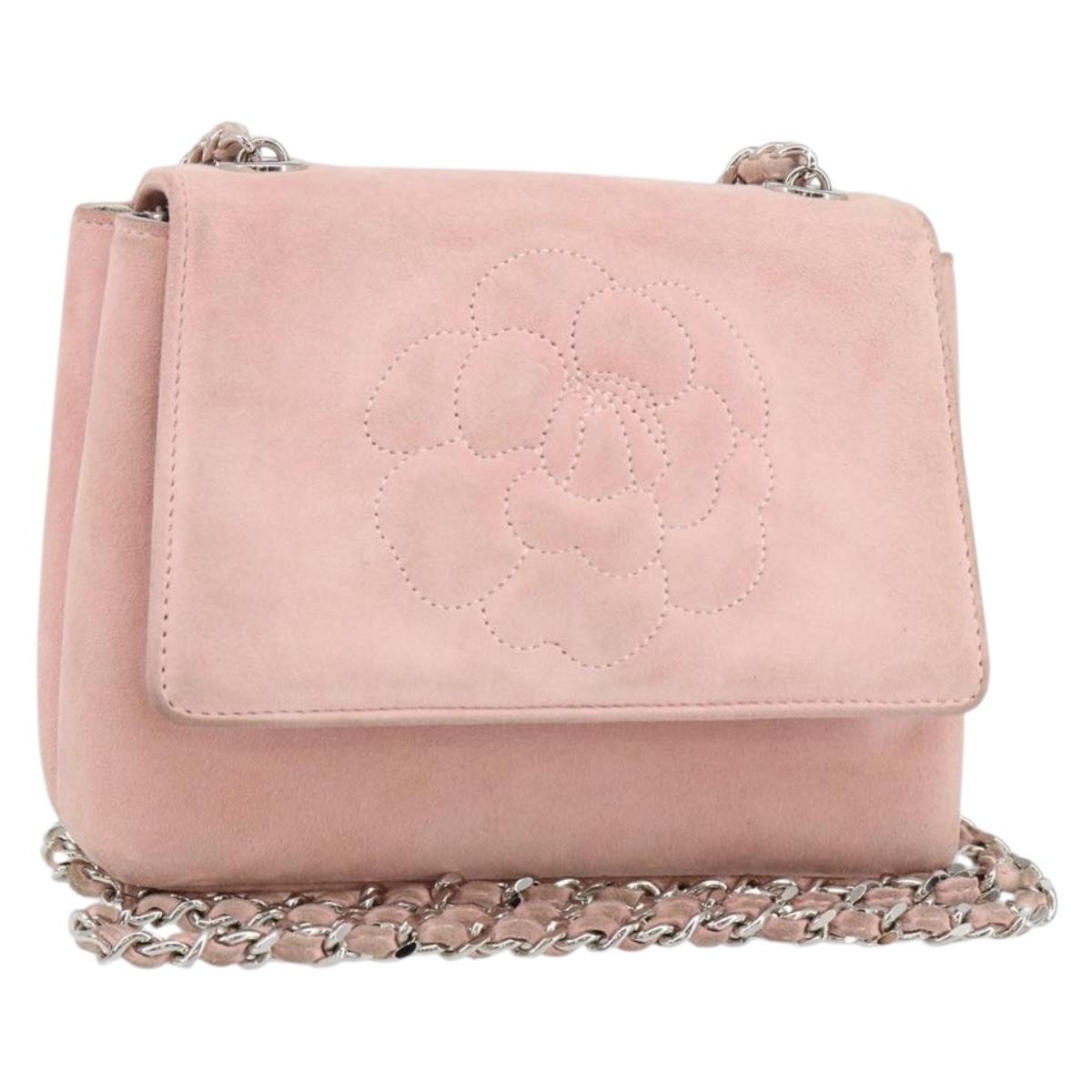 CHANEL Camellia Flap Chain Shoulder Bag Suede Pink Silver CC Auth bs29926