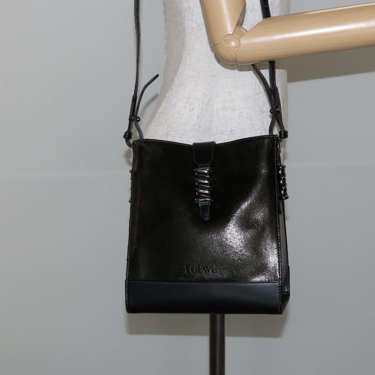 LOEWE Twist Shoulder Bag Leather Khaki Silver Auth bs29938