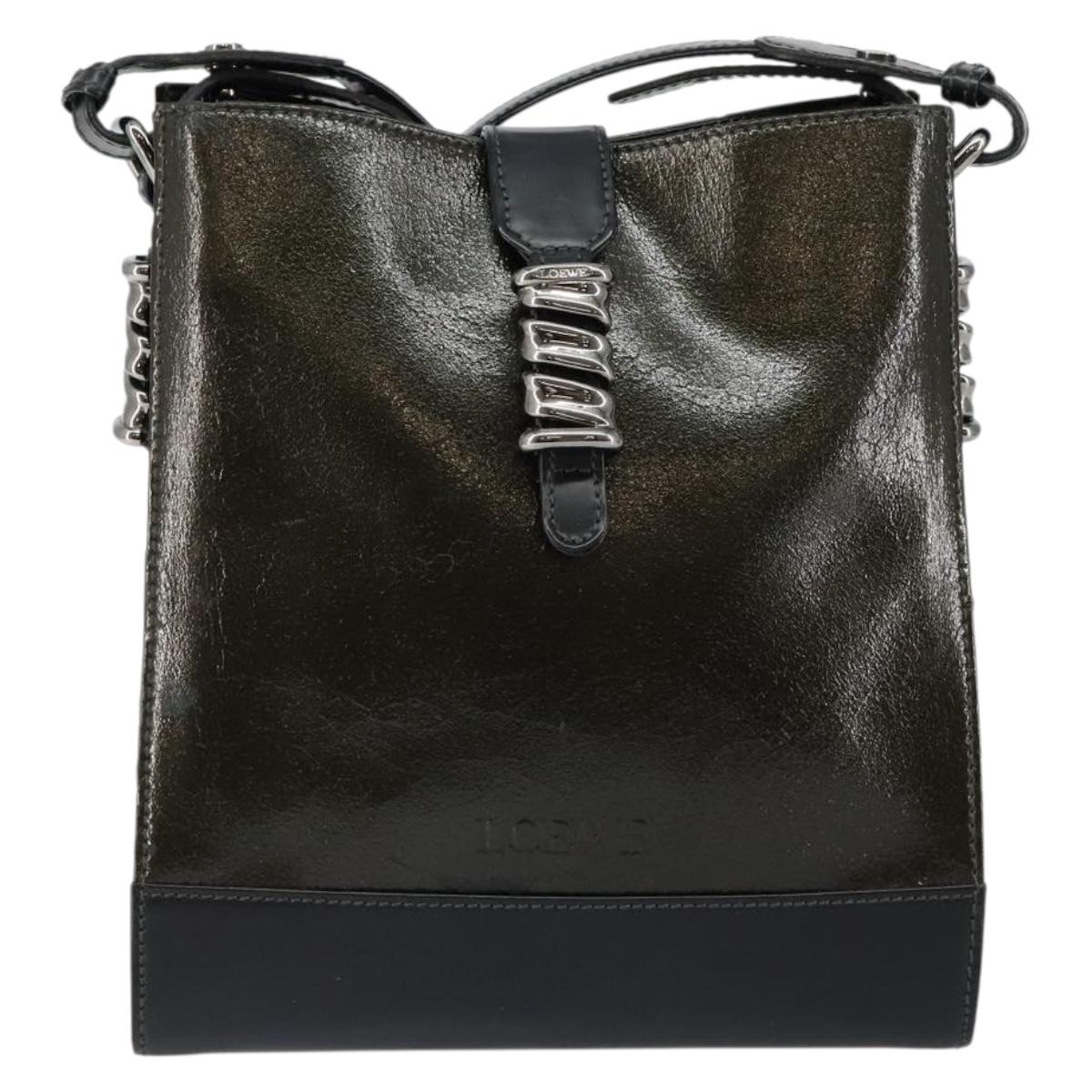 LOEWE Twist Shoulder Bag Leather Khaki Silver Auth bs29938