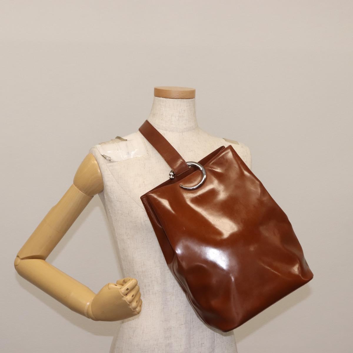 CARTIER PANTHERE Shoulder Bag Patent leather Brown Silver Auth bs29942