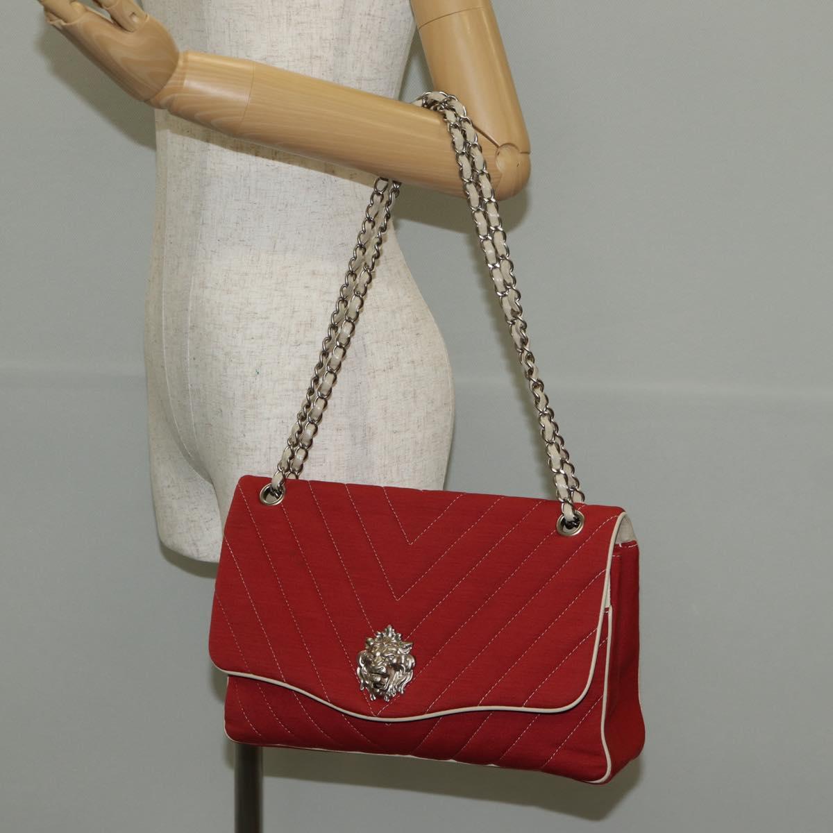 CHANEL V Stitch Flap Chain Shoulder Bag Cotton Red Silver CC Auth bs29952V