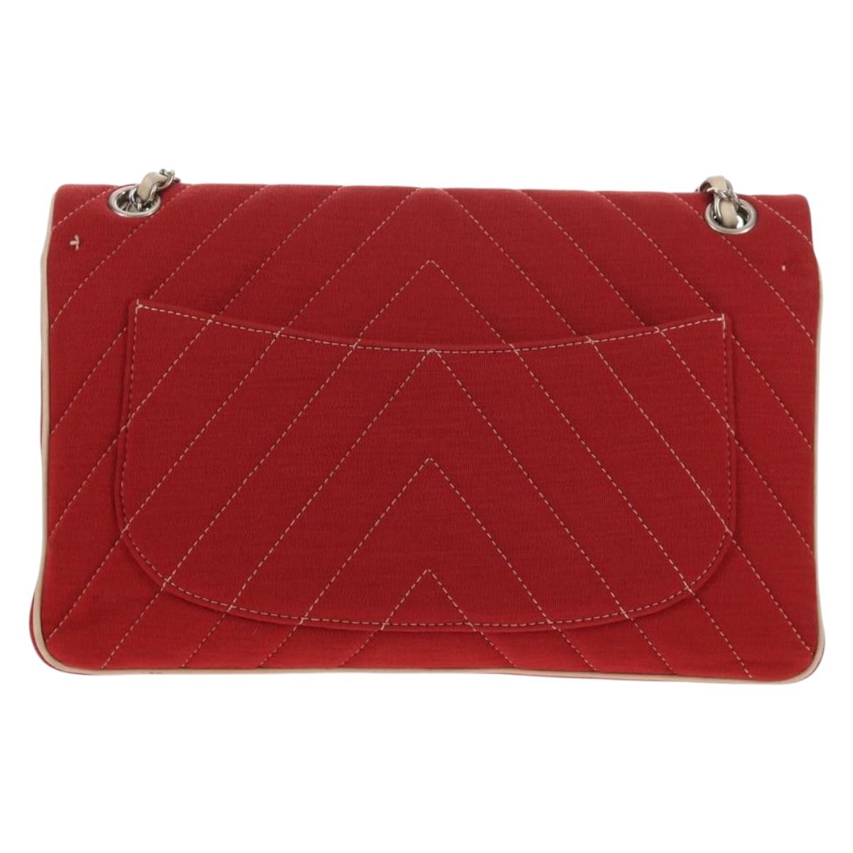 CHANEL V Stitch Flap Chain Shoulder Bag Cotton Red Silver CC Auth bs29952V