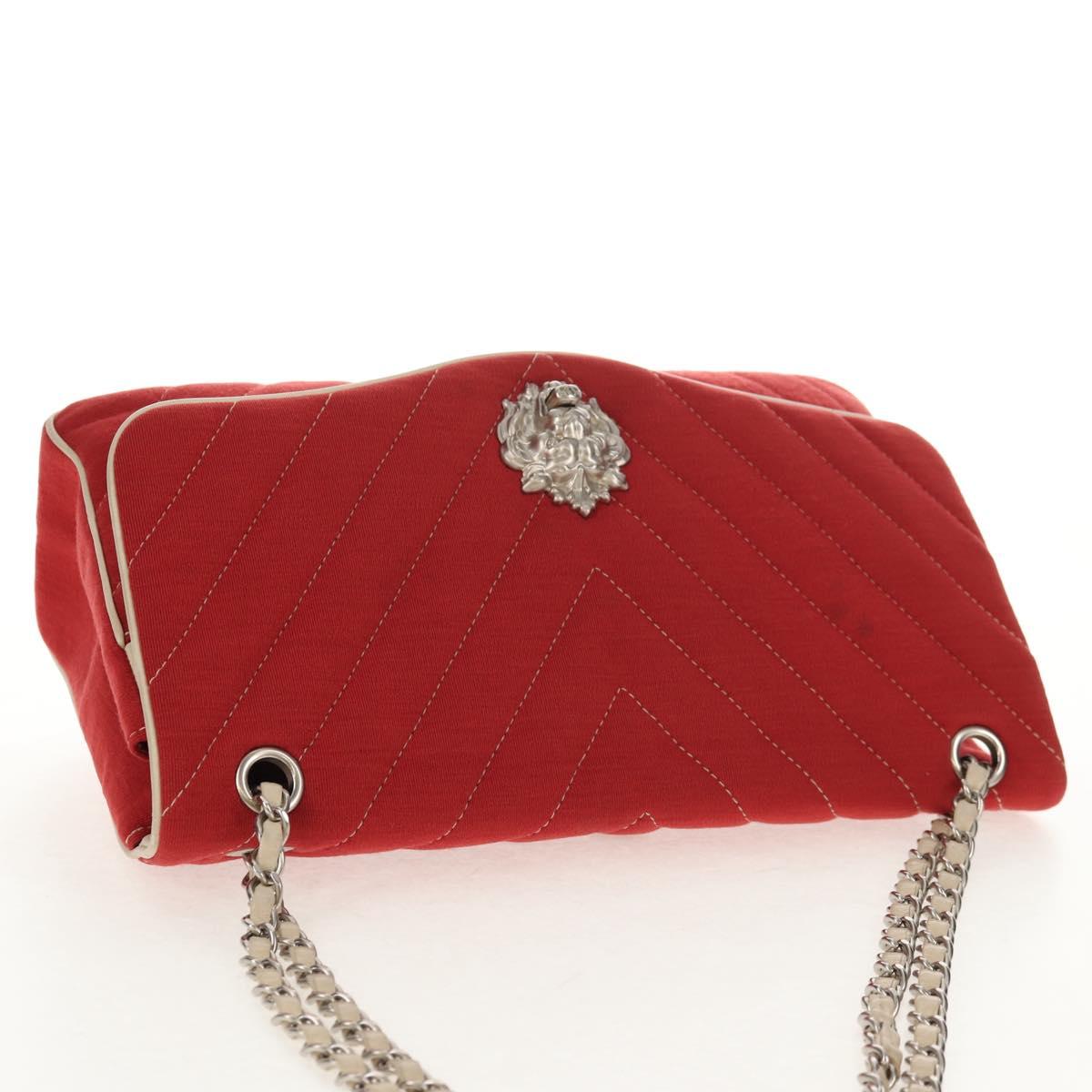 CHANEL V Stitch Flap Chain Shoulder Bag Cotton Red Silver CC Auth bs29952V