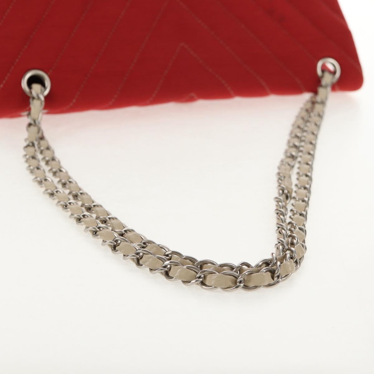 CHANEL V Stitch Flap Chain Shoulder Bag Cotton Red Silver CC Auth bs29952V