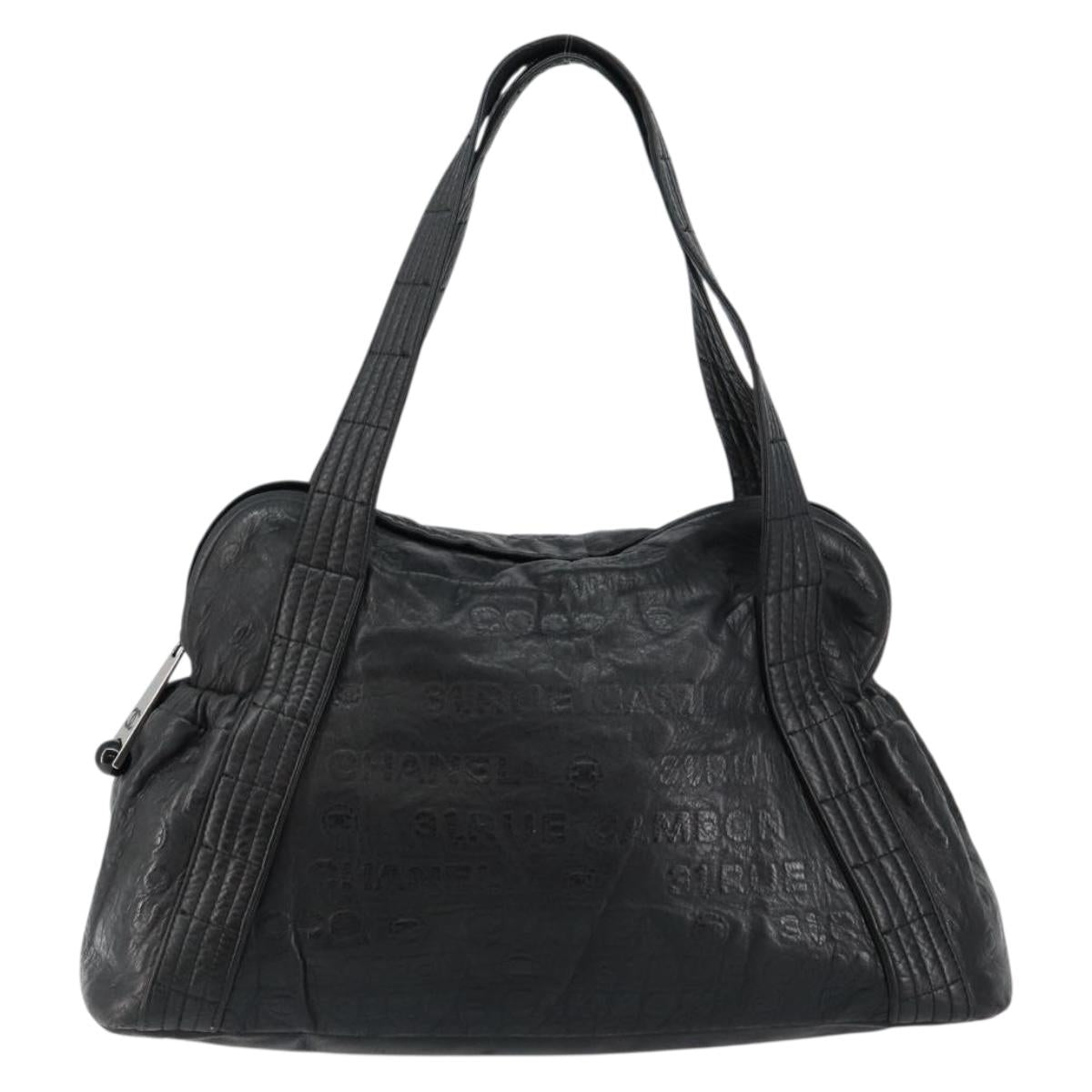 CHANEL Embossed Logo Unlimited Boston Bag Leather Black Silver CC Auth bs29953