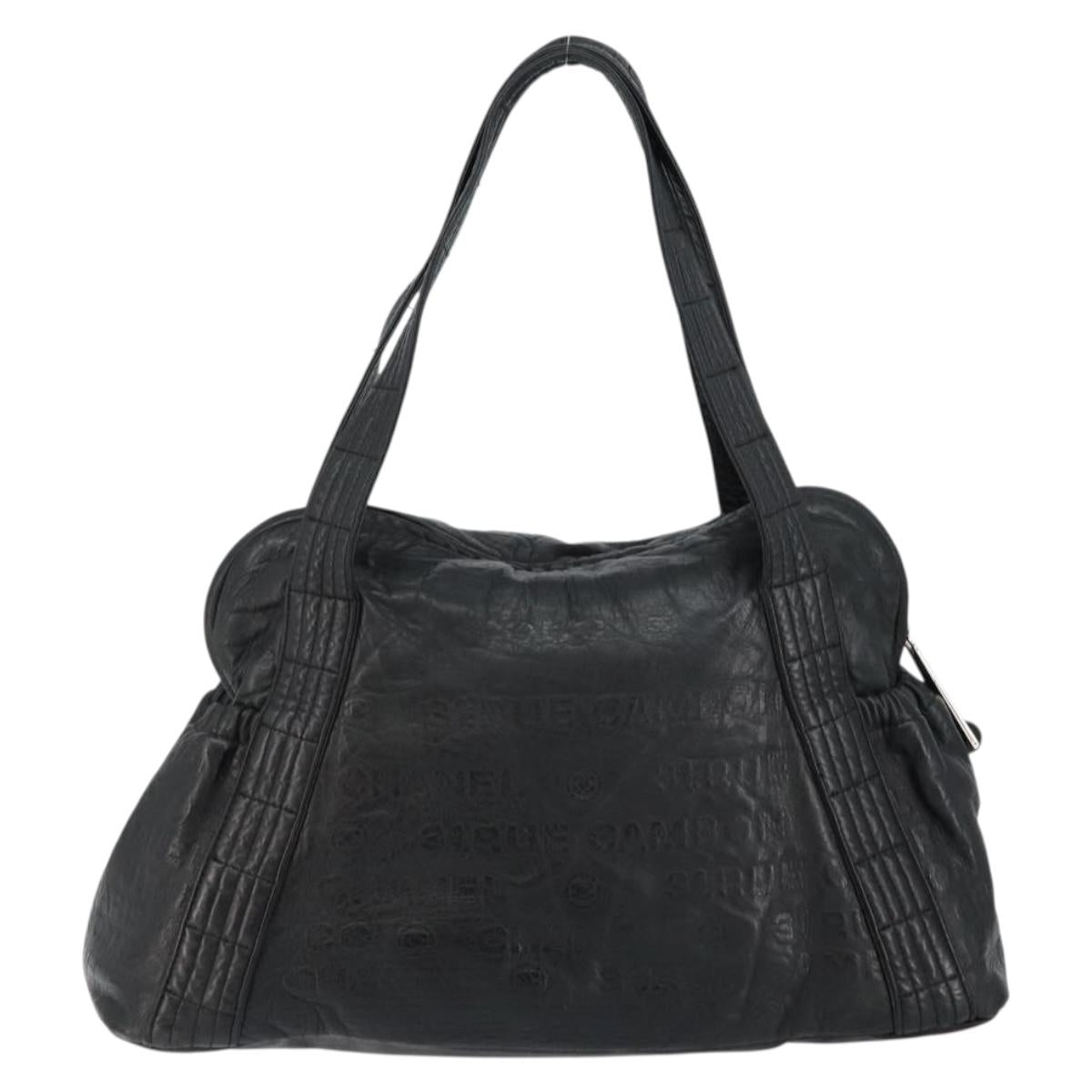 CHANEL Embossed Logo Unlimited Boston Bag Leather Black Silver CC Auth bs29953