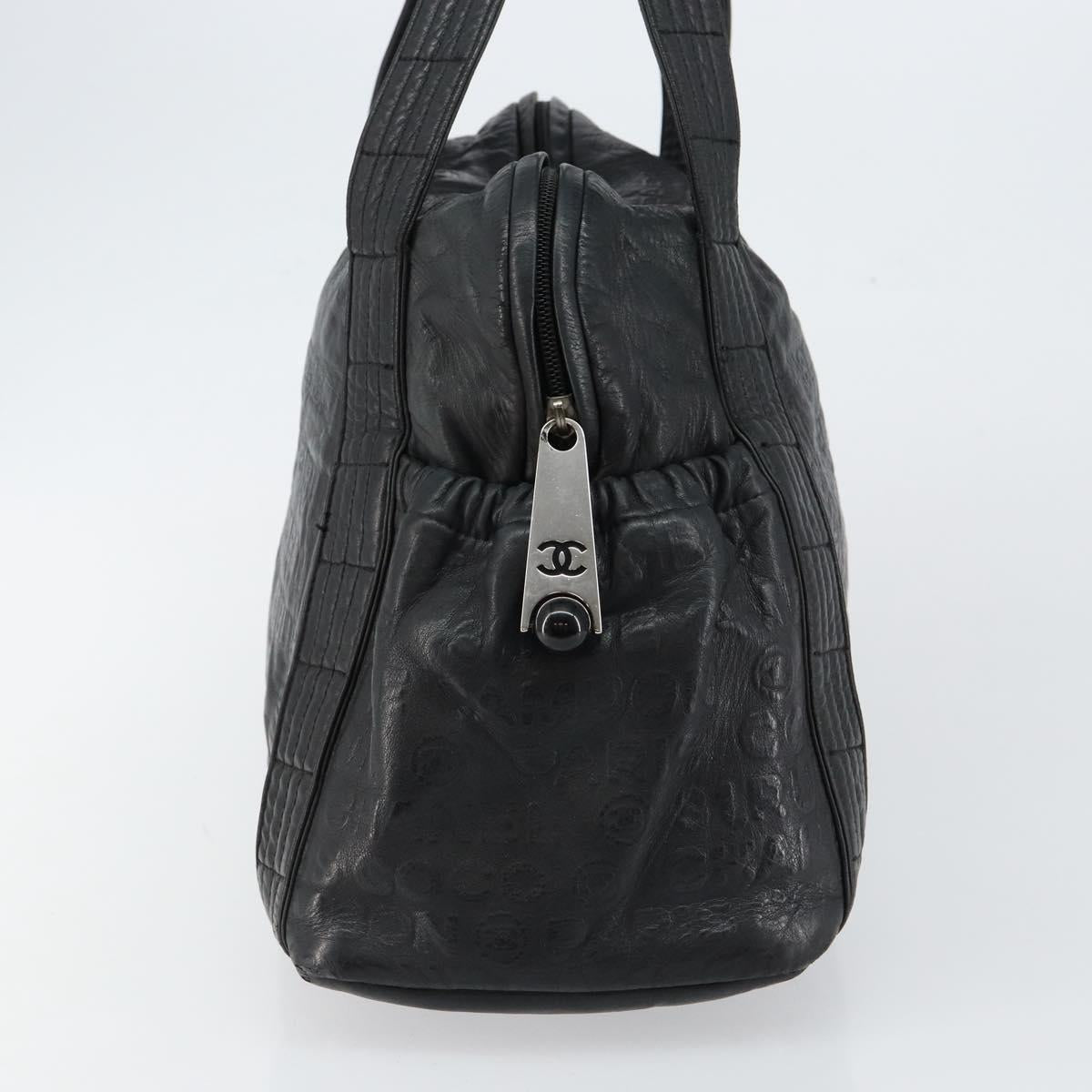 CHANEL Embossed Logo Unlimited Boston Bag Leather Black Silver CC Auth bs29953