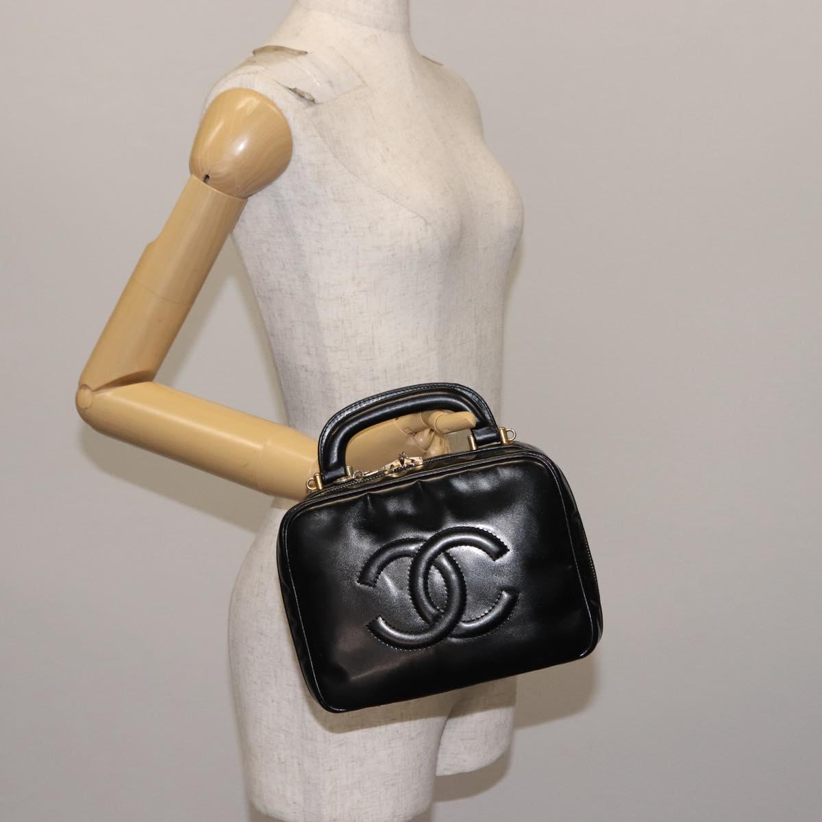 CHANEL Vanity Hand Bag Patent leather Black Gold CC Auth bs29955