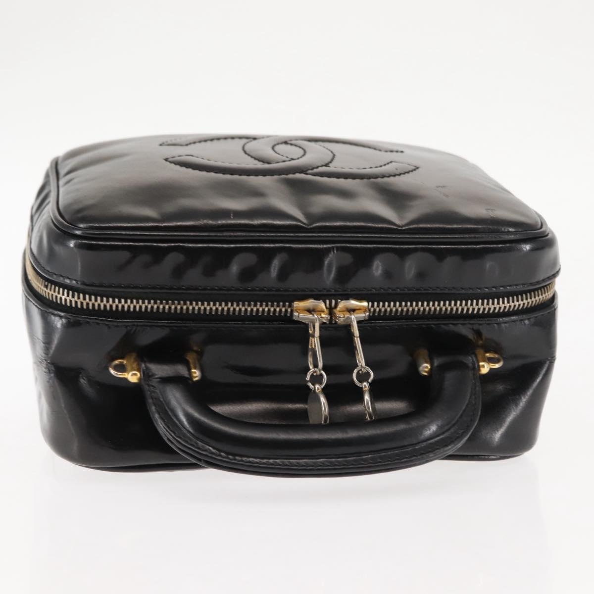 CHANEL Vanity Hand Bag Patent leather Black Gold CC Auth bs29955