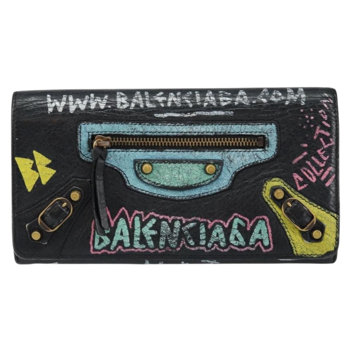 BALENCIAGA Continental Graffiti Wallet Leather Black Gold 164471 Auth bs29956