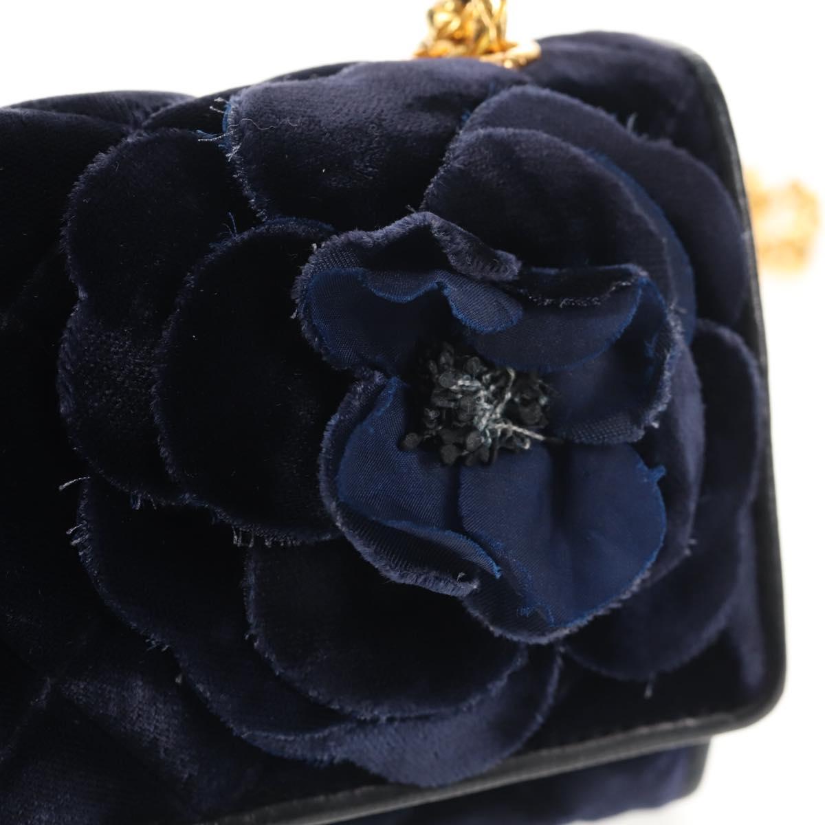 CHANEL Camellia Matelasse Flap Chain Bag Velor Navy Gold CC Auth bs29963V