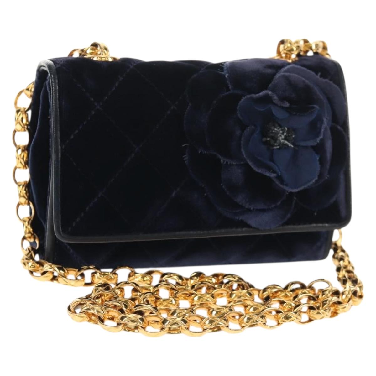 CHANEL Camellia Matelasse Flap Chain Bag Velor Navy Gold CC Auth bs29963V