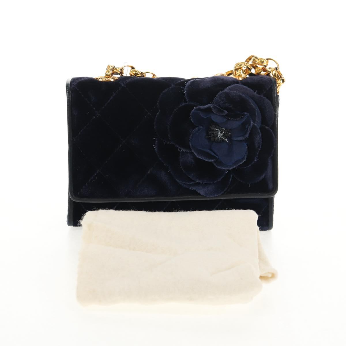 CHANEL Camellia Matelasse Flap Chain Bag Velor Navy Gold CC Auth bs29963V