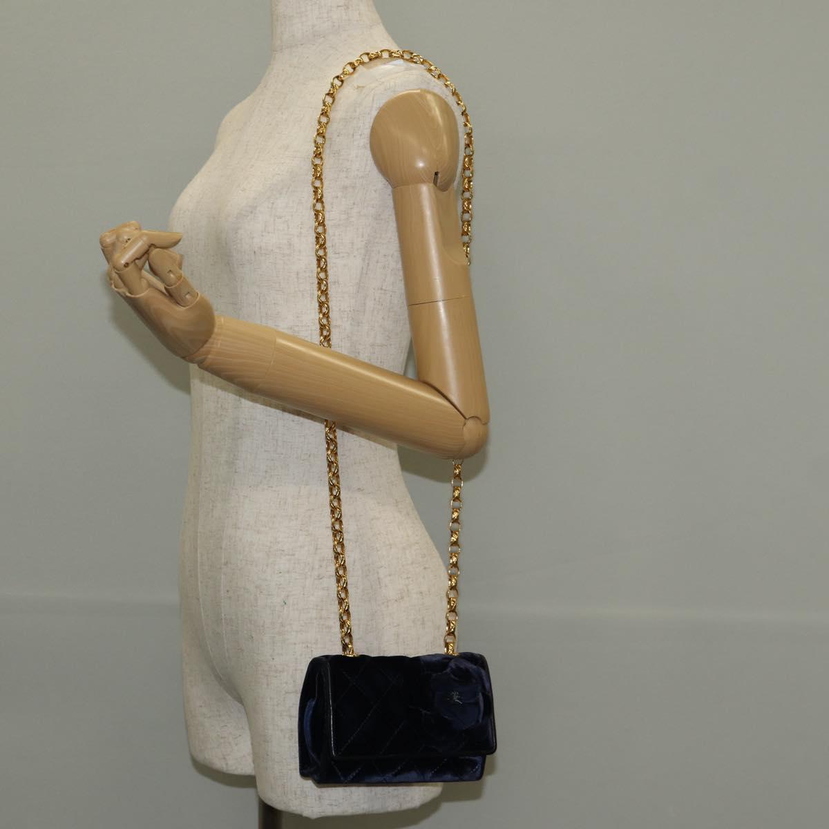 CHANEL Camellia Matelasse Flap Chain Bag Velor Navy Gold CC Auth bs29963V