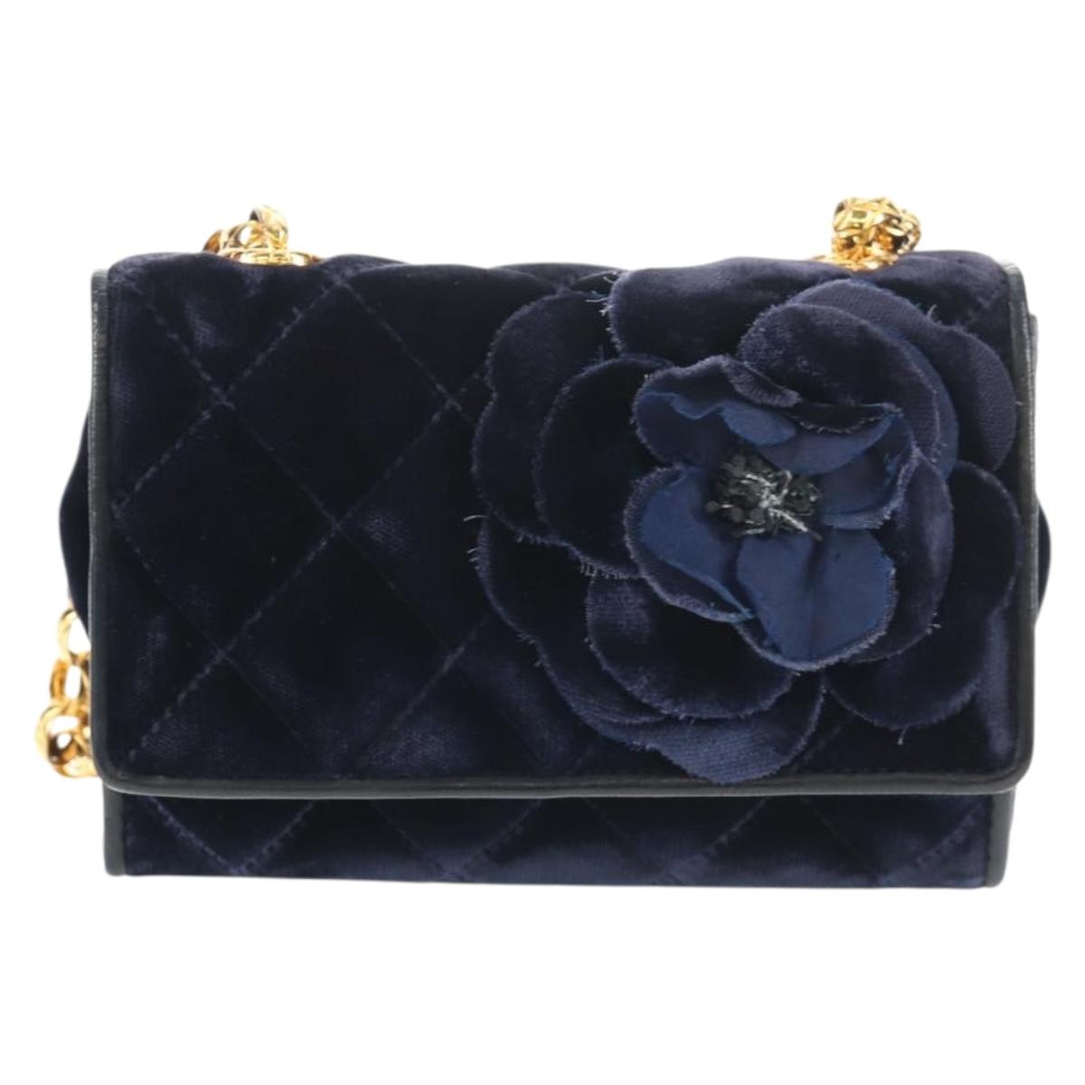 CHANEL Camellia Matelasse Flap Chain Bag Velor Navy Gold CC Auth bs29963V
